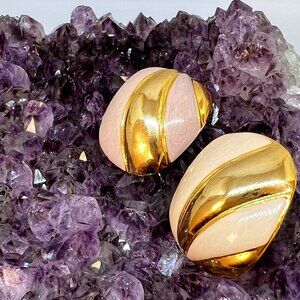 Vintage 80s Rose Quartz Gold Plated Clip On Earrings Statement Big Retro luxury